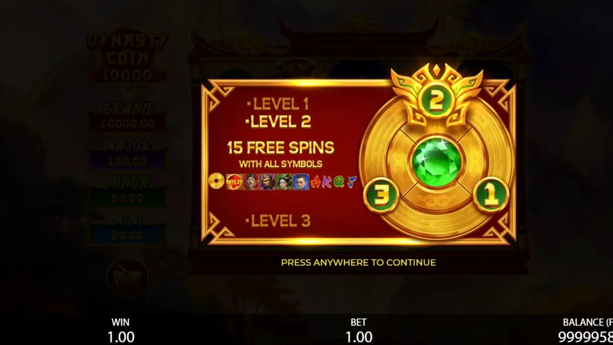 Tampilan visual slot Dynasty Coin 10,000 dengan tema oriental yang megah