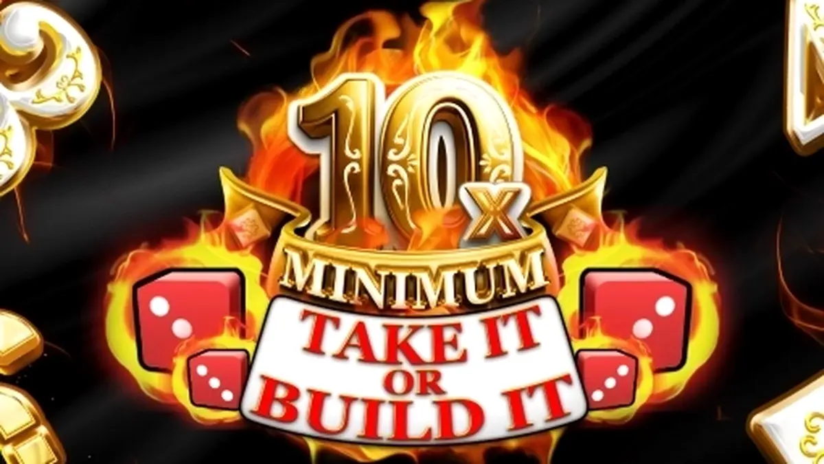Tampilan visual slot 10x Minimum Take It or Build It dengan desain 5 gulungan yang modern.